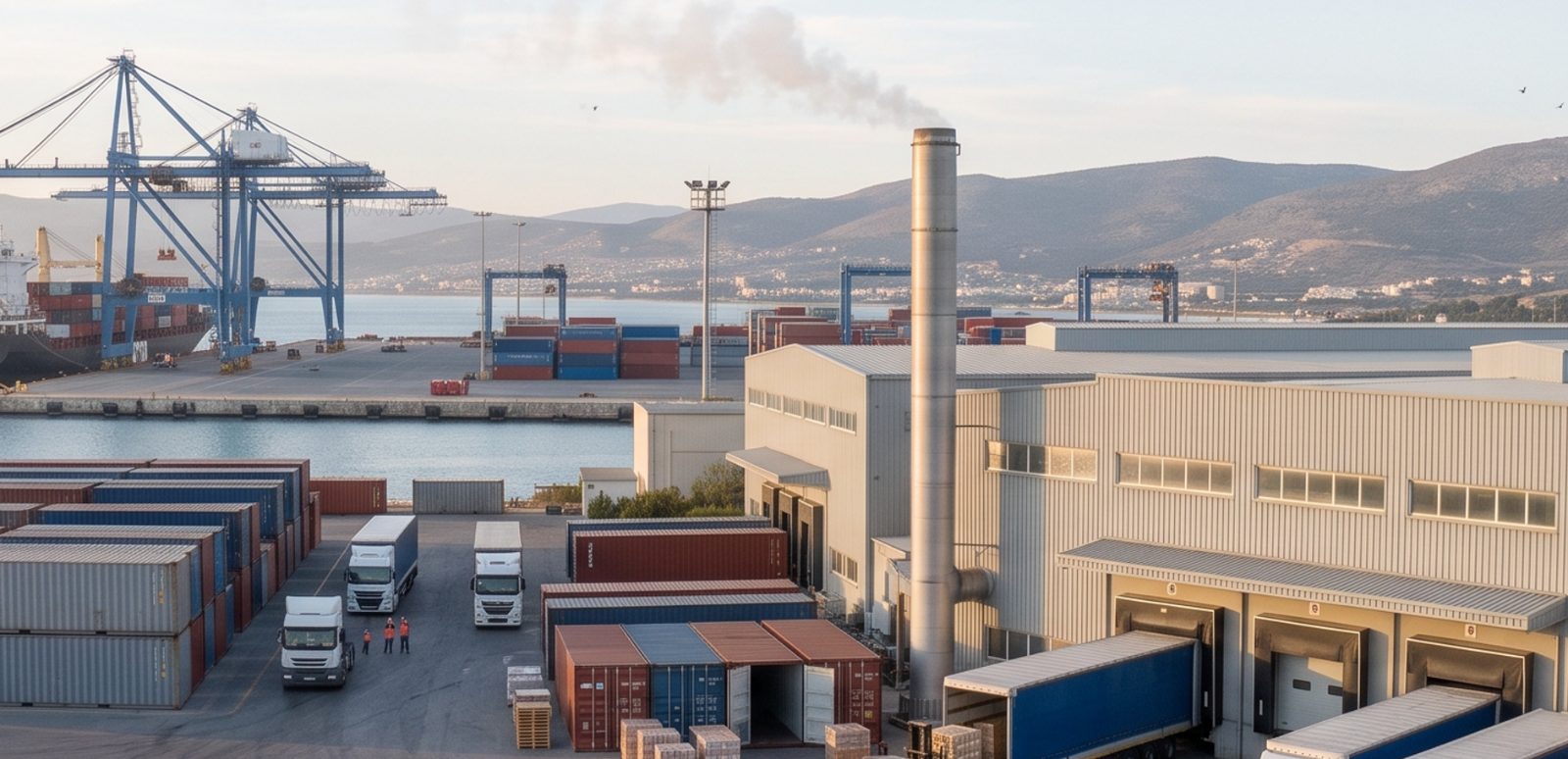 Liman sahasında konteynerler, vinçler ve nakliye kamyonları